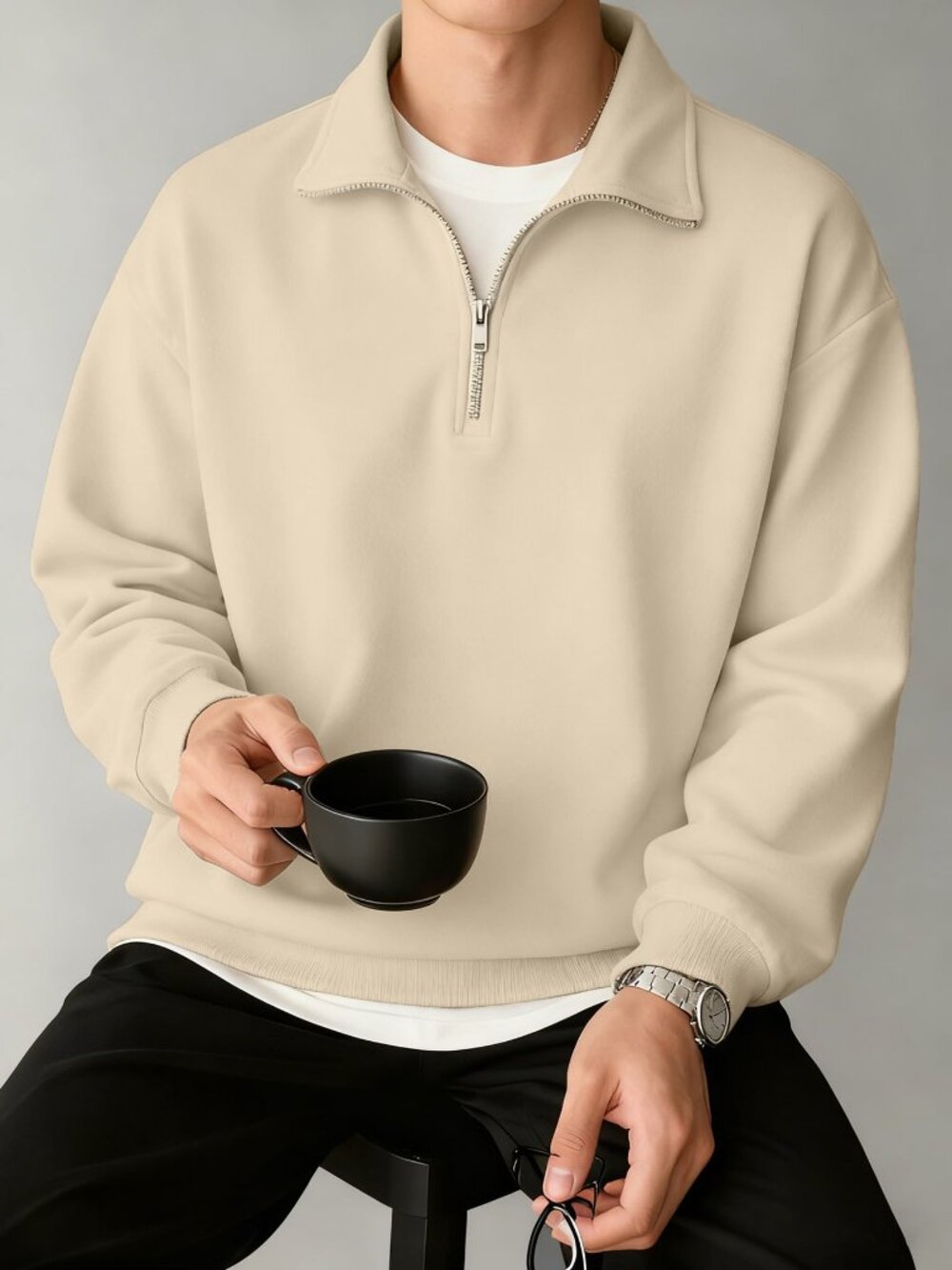 Apricot Casual Men's Drop Shoulder Graphic Zip-Up Hooded Sweatshirt - Picture 3 of 9